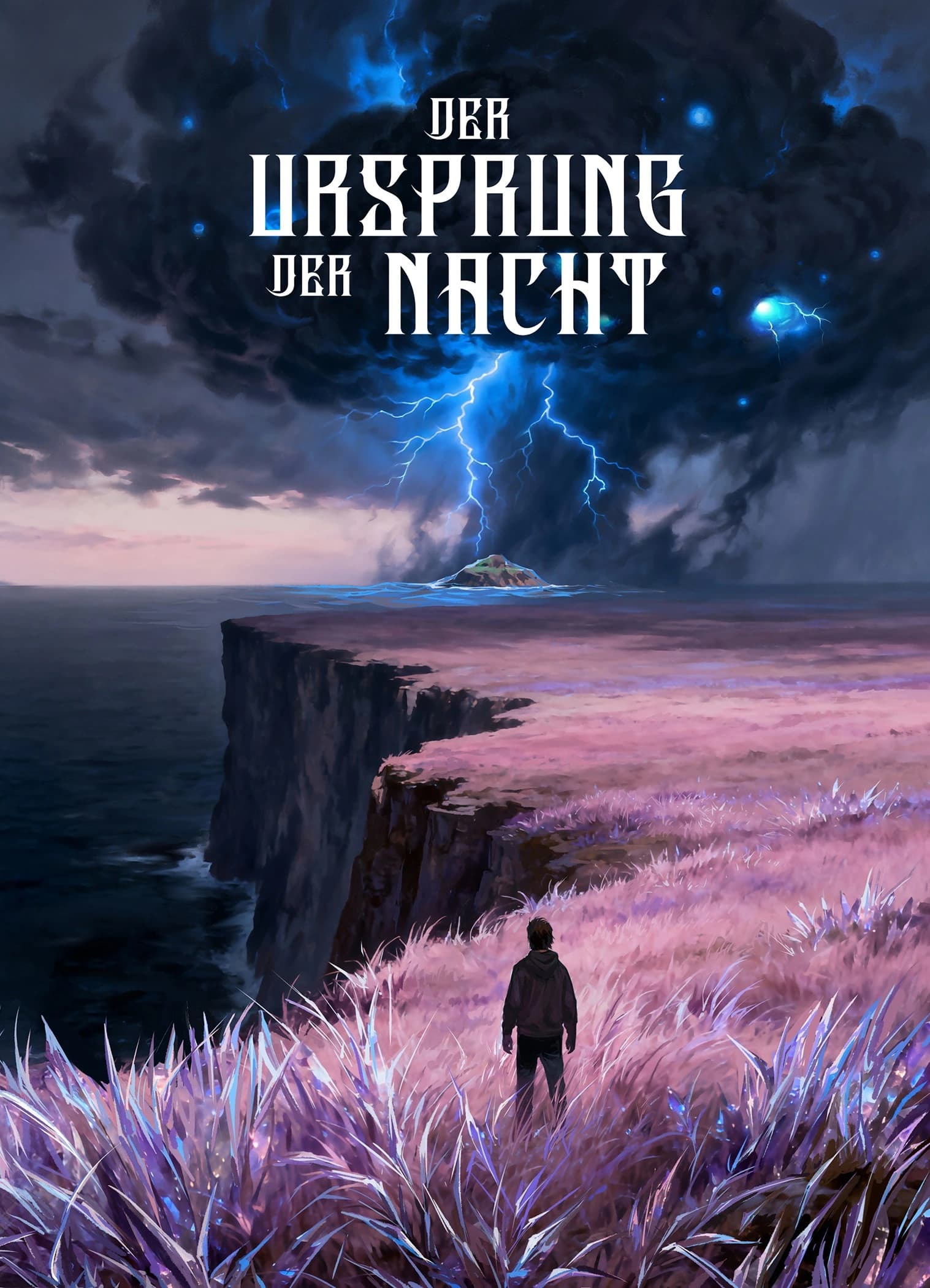 Buchcover: Der Ursprung der Nacht — Eine Gestalt steht in violettem Steppengras am Rand einer Klippe. Über dem dunklen Meer entladen sich Blitze aus einer Wolke voller fremdartiger Lichter.